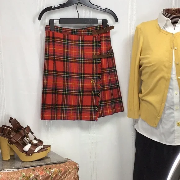 VTG Cambridge Dry Goods Red Tartan Plaid Pleated Wrap Mini Skirt Sz.4 - Picture 13 of 13